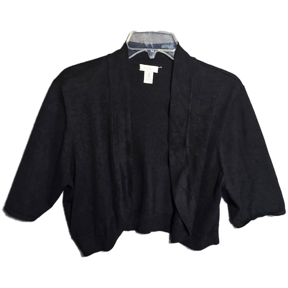 Chicos Black Open Front Bolero Shrug Cardigan Size 3, 3/4 sleeve office Travel *
